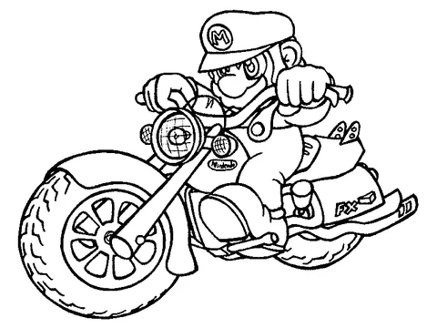Mario coloring page: Mario riding a motorcycle, leaning into a turn with a serious expression