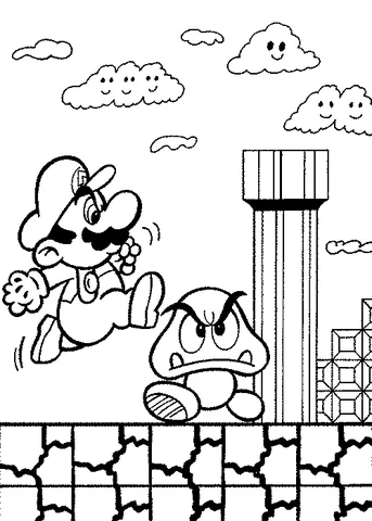 Mario coloring page: Mario jumping over a Goomba on a platform with a tall pipe