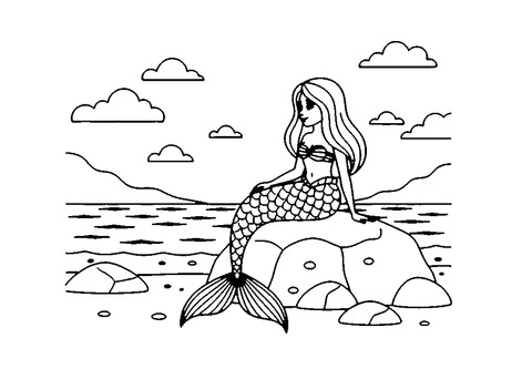 Coloriage sirène : une sirène assise sur un rocher au bord de la mer, avec des nuages dans le ciel