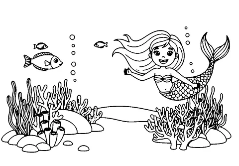 Coloriage sirène : une sirène nageant sous l'eau avec des poissons et des récifs coralliens