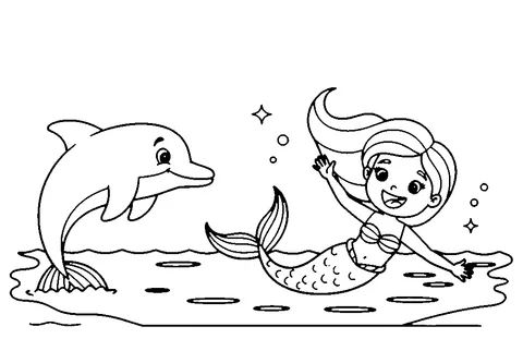 Coloriage sirène : une sirène jouant avec un dauphin dans l'océan