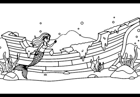 Coloriage sirène : une sirène explorant un navire coulé au fond de la mer