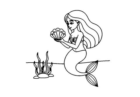 Coloriage sirène : une sirène tenant un coquillage, avec des algues en arrière-plan