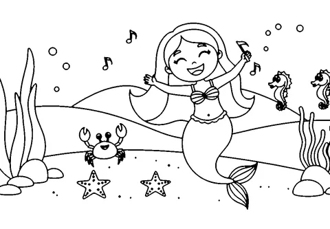 Coloriage sirène : une sirène qui chante et danse sous l'eau avec un crabe et des hippocampes