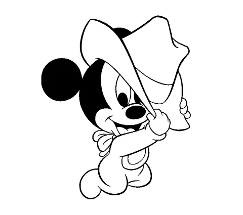 Mickey Mouse coloring page: baby Mickey Mouse wearing a cowboy hat, pulling it down over his eyes