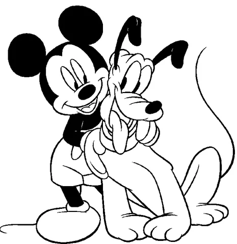 Mickey Mouse coloring page: Mickey Mouse standing next to Pluto, with his arm around him