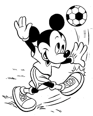 Mickey Mouse coloring page: Mickey Mouse playing soccer, kicking a ball with his right foot