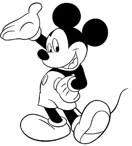 Mickey Mouse coloring page: Mickey Mouse standing and waving with his left hand, smiling