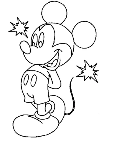 Mickey Mouse coloring page: Mickey Mouse standing and smiling, with two starbursts around him