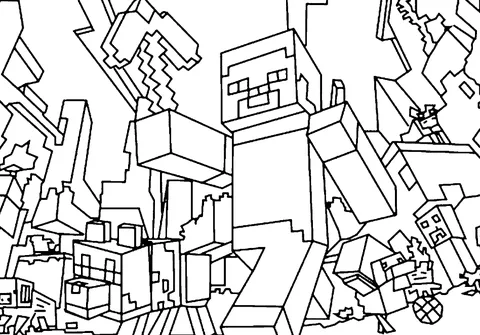 Disegno di Minecraft da colorare: Steve che tiene un piccone, circondato da vari blocchi e creature di Minecraft