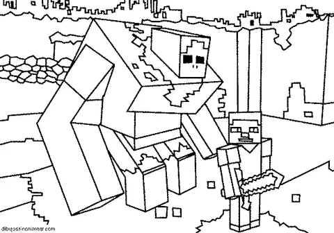Disegno di Minecraft da colorare: Steve con una spada in piedi accanto a un grande Golem di Ferro in un paesaggio a blocchi