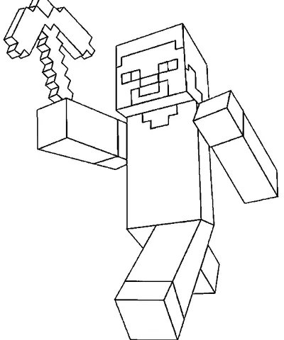 Disegno di Minecraft da colorare: Steve che tiene un piccone nella mano destra, guardando avanti