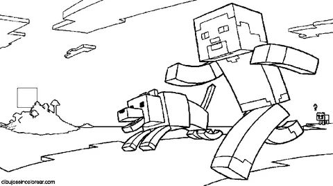 Disegno di Minecraft da colorare: Steve che corre con un lupo in un paesaggio a blocchi con una piccola isola di funghi