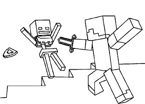 Disegno di Minecraft da colorare: Steve che combatte uno Scheletro con una spada su una scala a blocchi