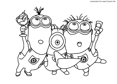 Desenho dos Minions para colorir: três Minions, dois com casquinhas de sorvete, um com um olho