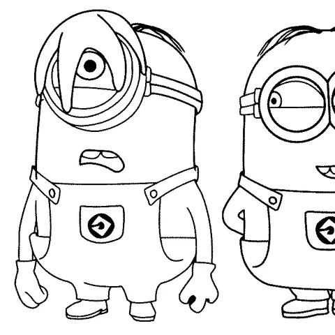 Desenho dos Minions para colorir: dois Minions, um com o cabelo cobrindo um olho, o outro sorrindo