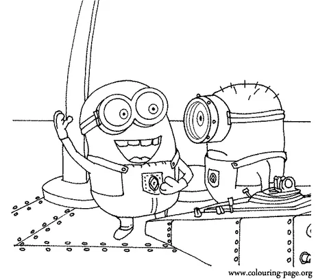 Desenho dos Minions para colorir: dois Minions no convés de um barco, um acenando e rindo