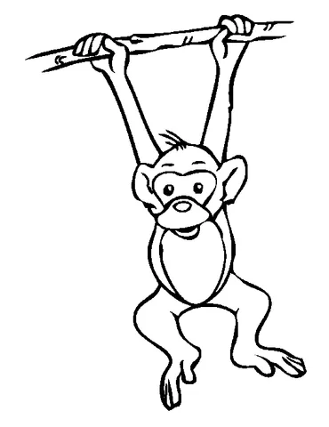 Monkey coloring page: a happy monkey hangs upside down from a tree branch