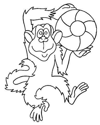 Monkey coloring page: a smiling monkey holds a striped beach ball over its head