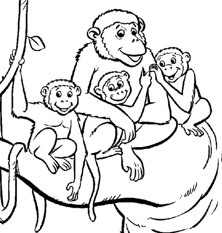 Monkey coloring page: a mother monkey and three baby monkeys sitting on a large branch