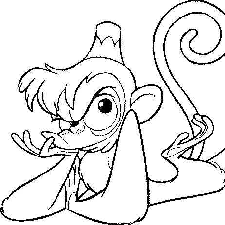 Monkey coloring page: a mischievous monkey wearing a small hat, lying down and looking sideways