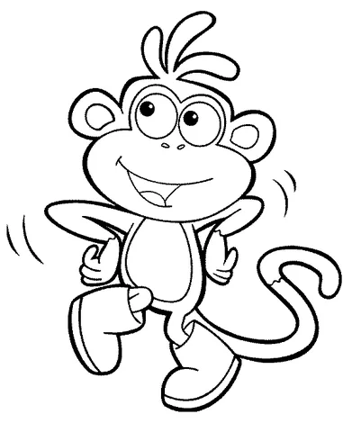 Monkey coloring page: a cheerful monkey with big boots dancing happily with arms raised