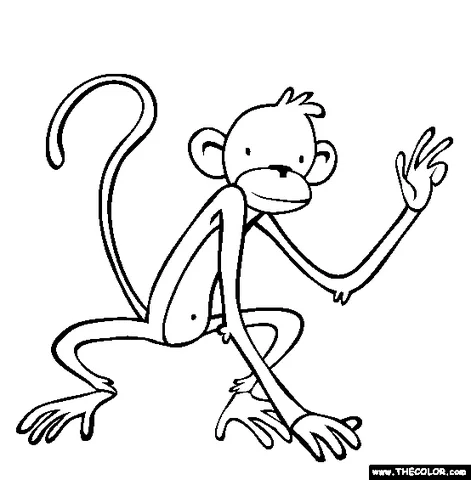 Monkey coloring page: a slender monkey in a playful pose, with one hand raised