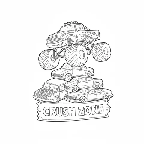 Monster truck coloring page: a monster truck crushing a stack of cars with a "CRUSH ZONE" banner