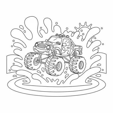 Monster truck coloring page: a smiling monster truck splashing through a puddle under the sun