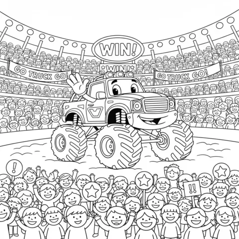 Monster truck coloring page: a monster truck waving to a cheering crowd in a stadium
