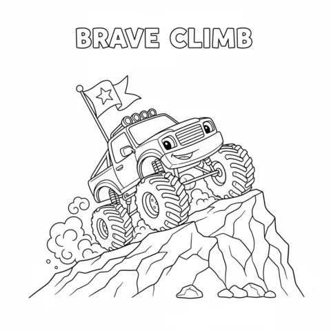 Monster truck coloring page: a monster truck with a flag climbing a steep rocky hill