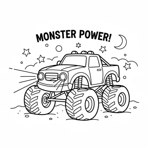 Monster truck coloring page: a monster truck with headlights on, under a moon and stars