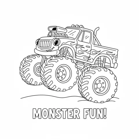 Monster truck coloring page: a monster truck with flames on its side, smiling and bouncing
