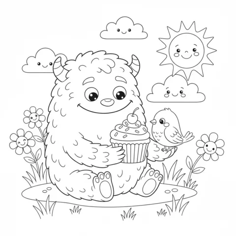 Ausmalbild Monster: ein flauschiges Monster hält einen Cupcake, mit einem Vogel, Blumen, Wolken und Sonne