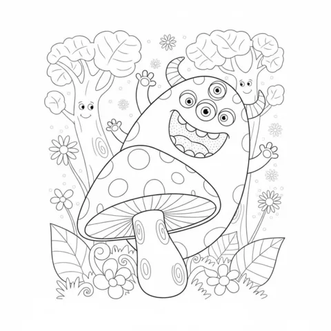 Ausmalbild Monster: ein fröhliches Pilzmonster mit drei Augen und Hörnern, umgeben von Bäumen und Blumen