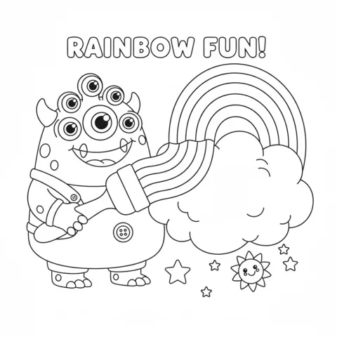 Ausmalbild Monster: ein fünfäugiges Monster malt einen Regenbogen auf eine Wolke, mit Sternen und einer Sonne