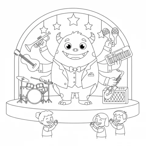 Ausmalbild Monster: ein vielarmiges Monster spielt viele Instrumente auf der Bühne für drei jubelnde Kinder