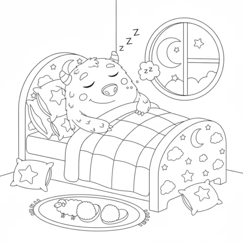 Ausmalbild Monster: ein schlafendes Monster in einem Bett mit Sternenkissen, mit Hausschuhen auf einem Teppich