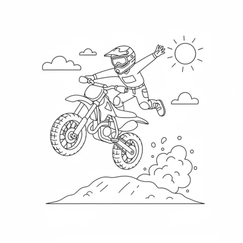 Motorcycle coloring page: a motocross rider in mid-air jumping over a dirt mound