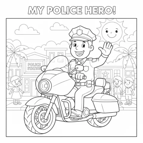 Motorcycle coloring page: a smiling police officer on a motorcycle waving to children in front of a police station