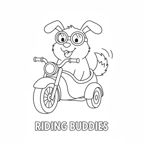 Motorcycle coloring page: a happy dog wearing goggles riding a three-wheeled motorcycle