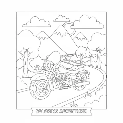 Motorcycle coloring page: a motorcycle parked on a winding road with mountains and trees in the background