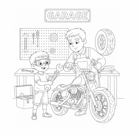 Motorcycle coloring page: a father and son fixing a motorcycle in a garage with tools on the wall