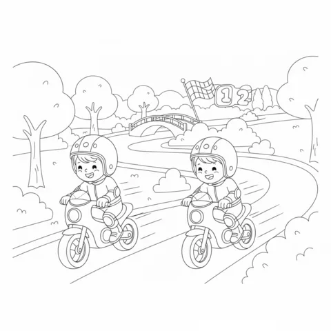 Motorcycle coloring page: two children on scooters racing on a track with a checkered flag and bridge