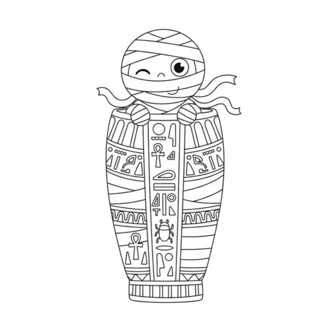 Ausmalbild Mumie: eine niedliche Mumie zwinkert aus einem verzierten Sarkophag