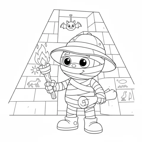 Ausmalbild Mumie: eine Entdecker-Mumie hält eine Fackel und eine Schriftrolle in einer Pyramide mit Hieroglyphen