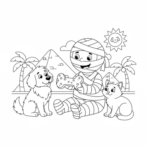 Ausmalbild Mumie: eine Mumie sitzt mit einem Hund und einer Katze, bietet einen Knochen an, mit Pyramiden und Palmen