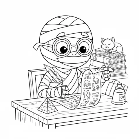 Ausmalbild Mumie: eine Mumie schreibt Hieroglyphen auf eine Schriftrolle an einem Schreibtisch, mit einer Katze auf Büchern