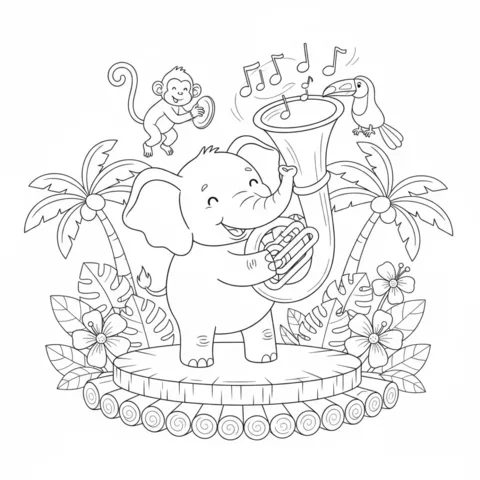 Musical Instruments coloring page: a cheerful elephant plays a tuba on a stage, with a monkey and toucan