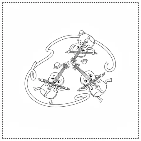 Musical Instruments coloring page: three cartoon violins with faces and hats dance and play their instruments